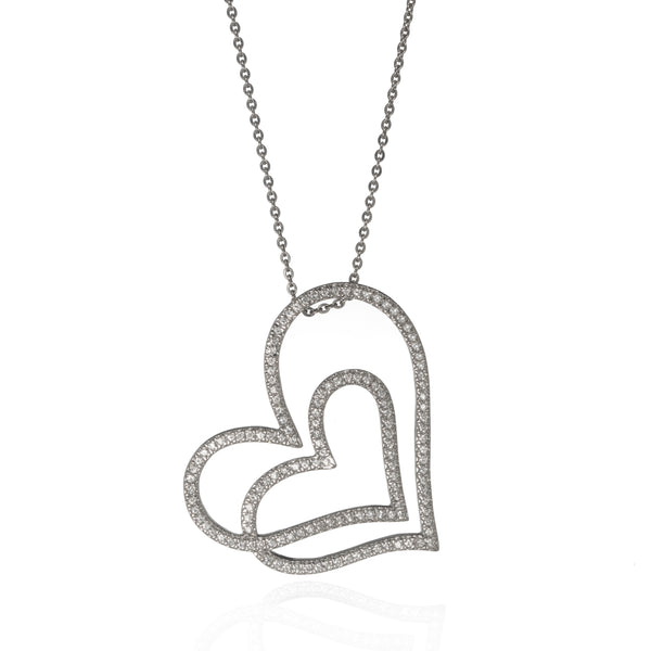 14k White Gold CZ Double Side Heart Pendant Necklace