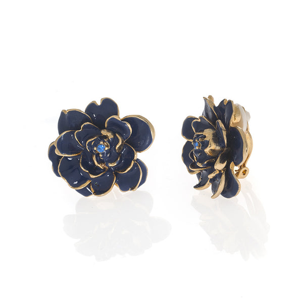 Garden Blue Rose Clip Earrings