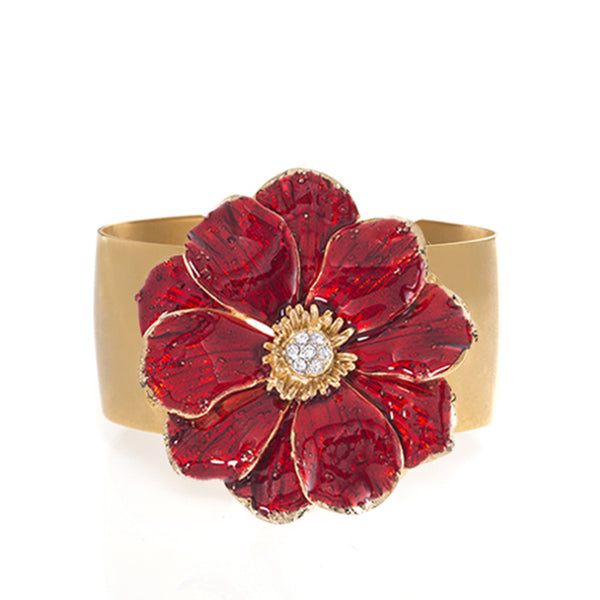Goldtone Double Rose Bangle With Red Flower