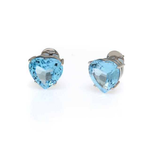 19 Carat Blue Topaz Heart Earrings Set In 14K White Gold