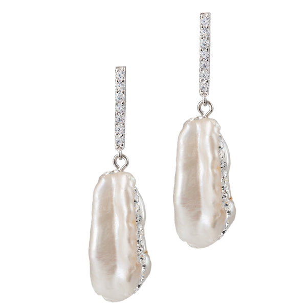 Sterling Silver Baroque Pearl with Pave Drop Earrings
