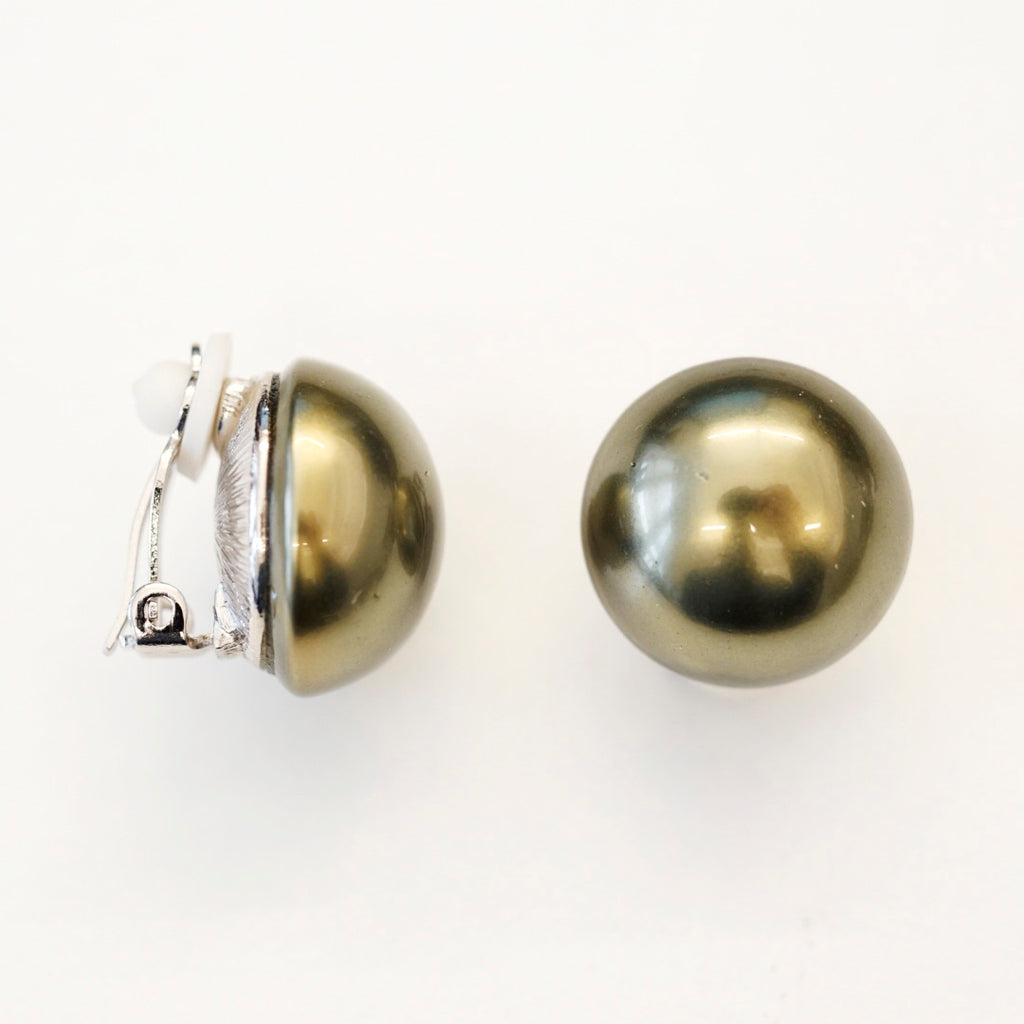 Silvertone 18mm Green Pearl Button Clip Earrings