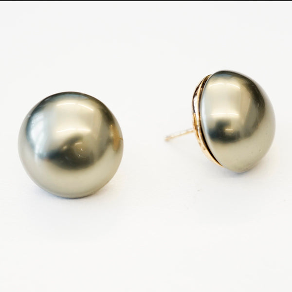 Goldtone 18mm Green Pearl Button Pierced Earrings