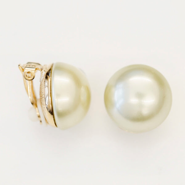 Goldtone 18mm Light Green Pearl Button Clip Earrings