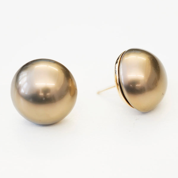 Goldtone 18mm Brown Pearl Button Pierced Earrings
