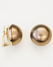 Goldtone 16mm Brown Button Pearl Clip Earrings