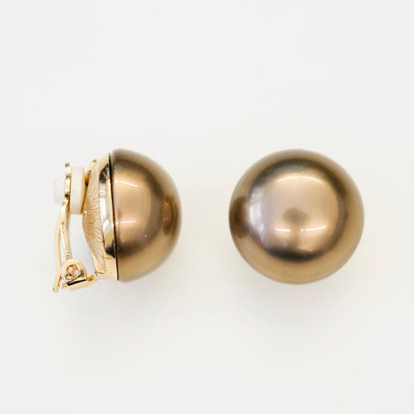 Goldtone 16mm Brown Button Pearl Clip Earrings