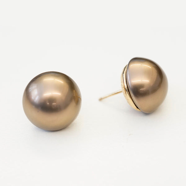 Goldtone 16mm Brown Button Pearl Pierced Earrings