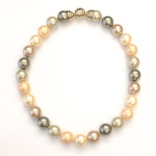 14mm Green and Peach Pearls Mix with Shrimp Magnetic Clasp Necklace 18"