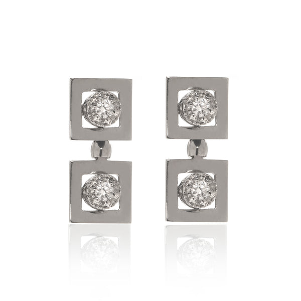 14K White Gold Double Square CZ Earring
