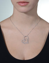 14k White Gold CZ Double Side Heart Pendant Necklace