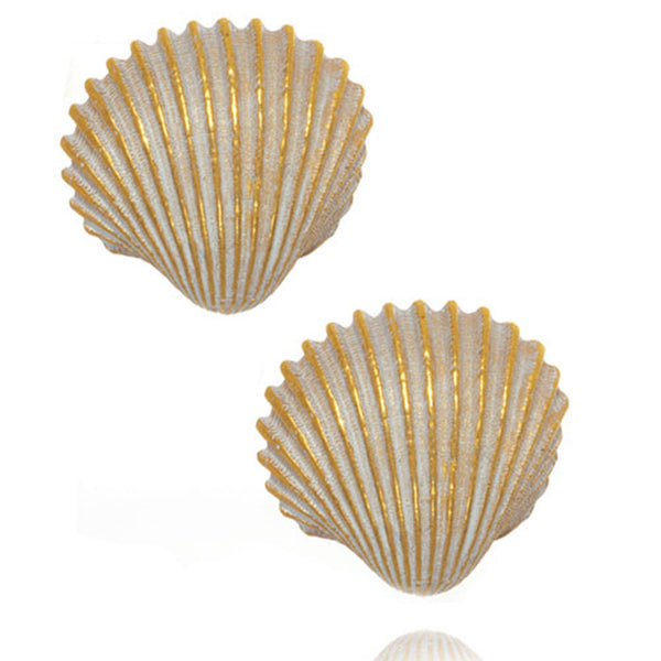 Goldtone Large White Enamel Shell Pierced Earrings