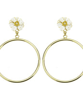 Goldtone Double Rose White Enamel Large Hoop Earrings
