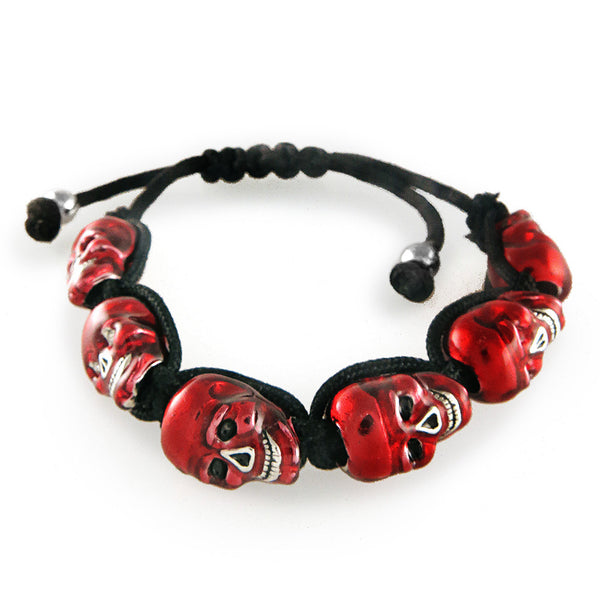 Lucky Skulls Red Enamel and Silvertone Shambhala Style Bracelet