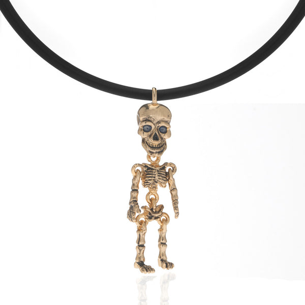 Gold Tone Skeleton Pendant Necklace On Black Cord