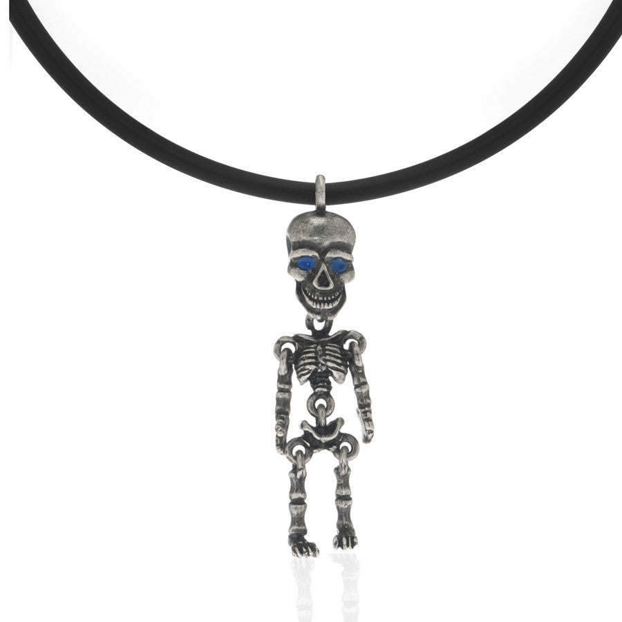 Silvertone Skeleton Pendant Necklace On Black Cord