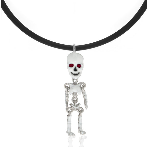 White Skeleton Pendant Necklace On Black Cord
