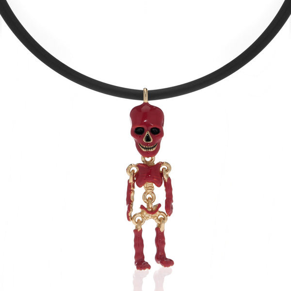 Red Skeleton Pendant Necklace On Black Cord