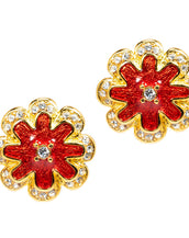 Goldtone Red Enamel with Crystal Stud Earrings
