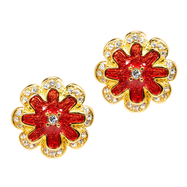 Goldtone Red Enamel with Crystal Stud Earrings