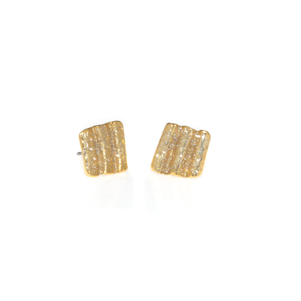 Small Ridged Shell Square Button Earrings Gold Stardust