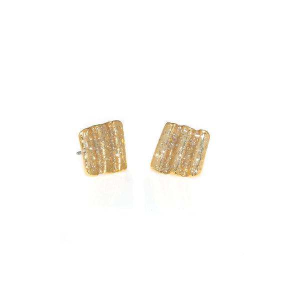 Small Ridged Shell Square Button Earrings Gold Stardust