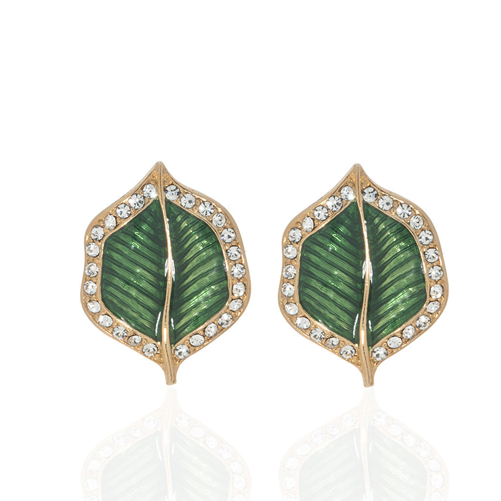 Jeweled Foliage Green Crystal Leaf Earrings