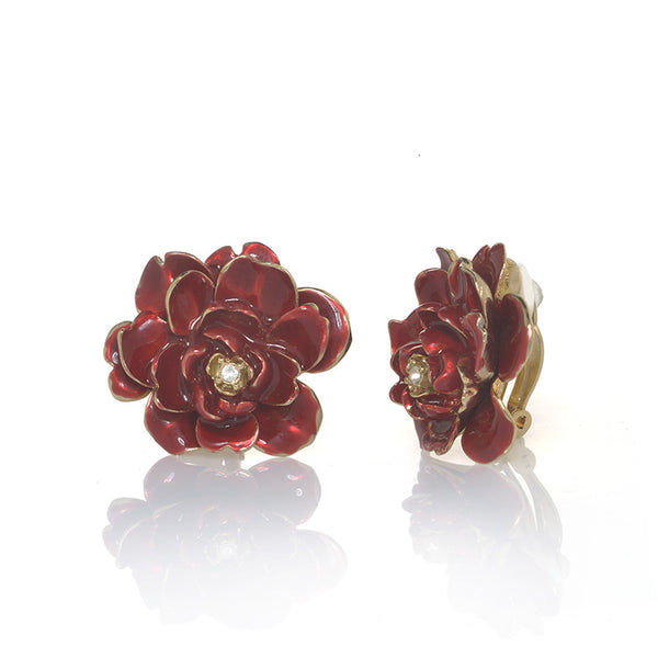 Garden Red Rose Clip Earrings