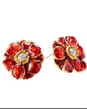 Double Rose Clip Earring With Red Flower