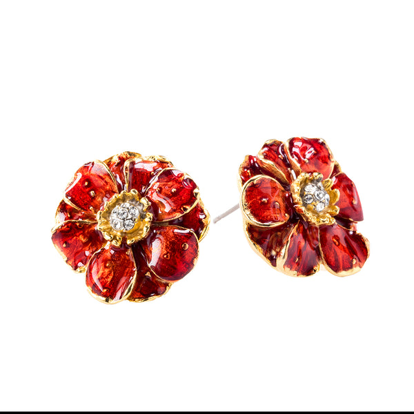 Double Rose Clip Earring With Red Flower