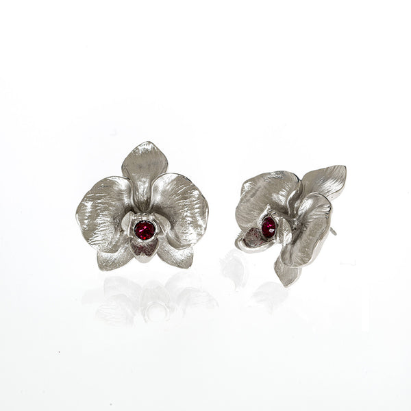 Orchid Silvertone Earring With Ruby Center