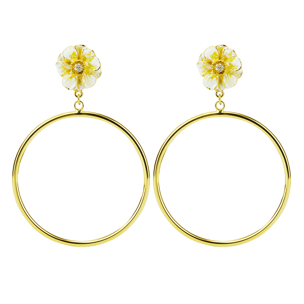 Goldtone White/Yellow Les Roses Hoop Earrings