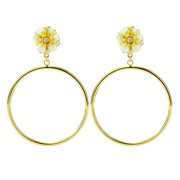 Goldtone White/Yellow Les Roses Hoop Earrings