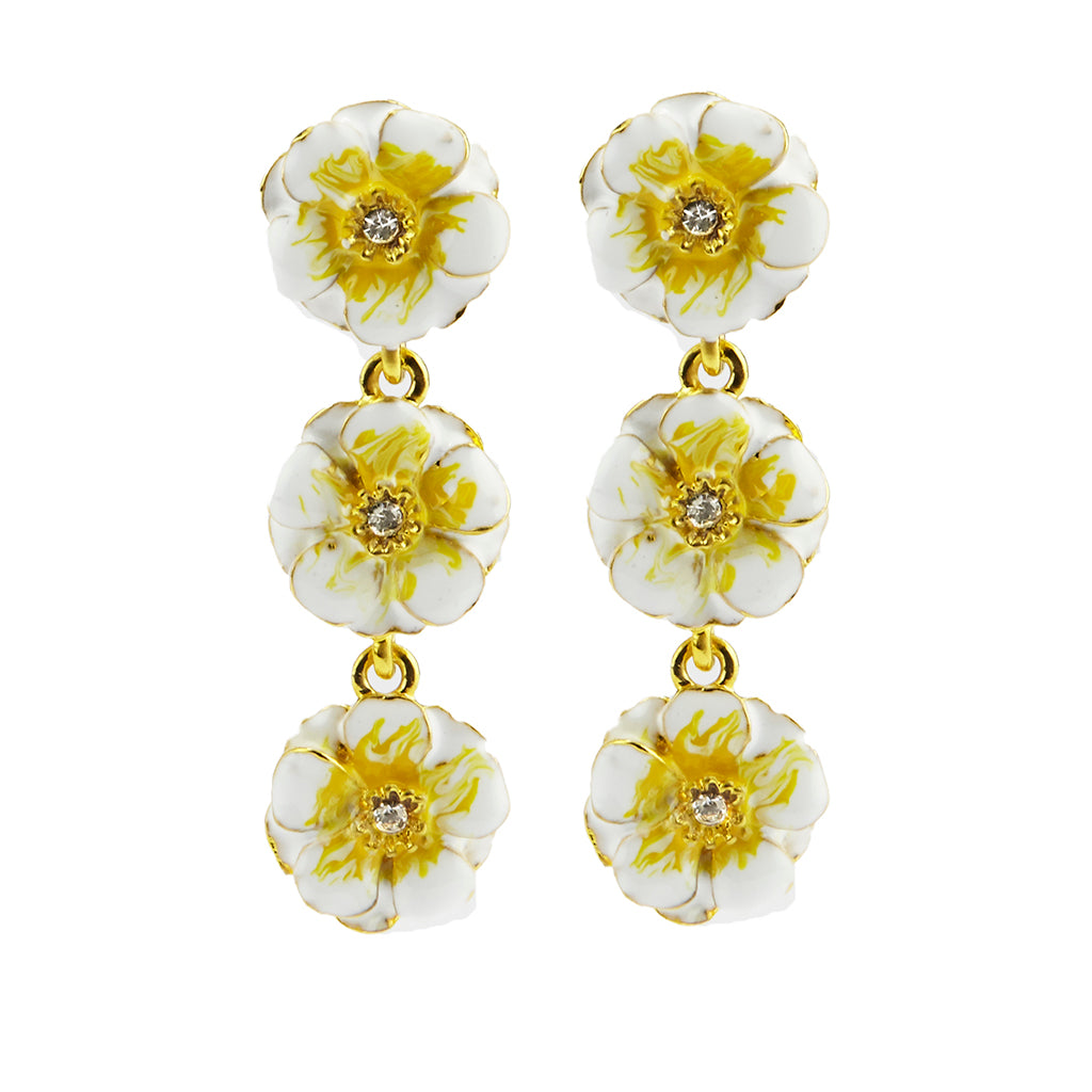 Goldtone White/Yellow Les Roses Triple Drop Earrings