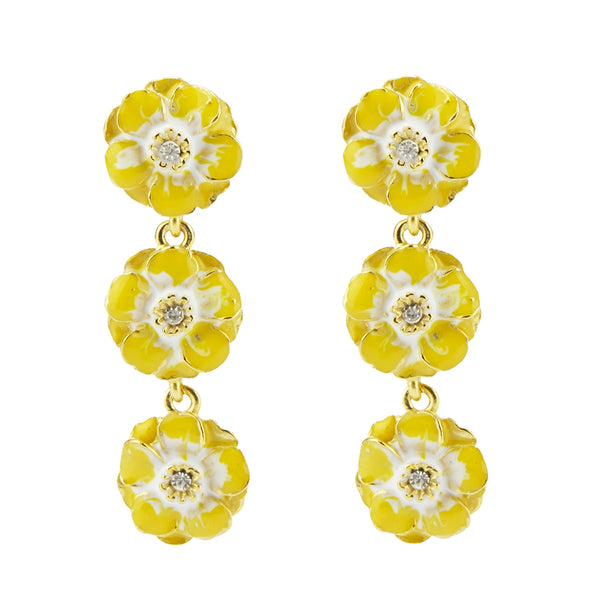 Goldtone Yellow/White Les Roses Triple Drop Earrings