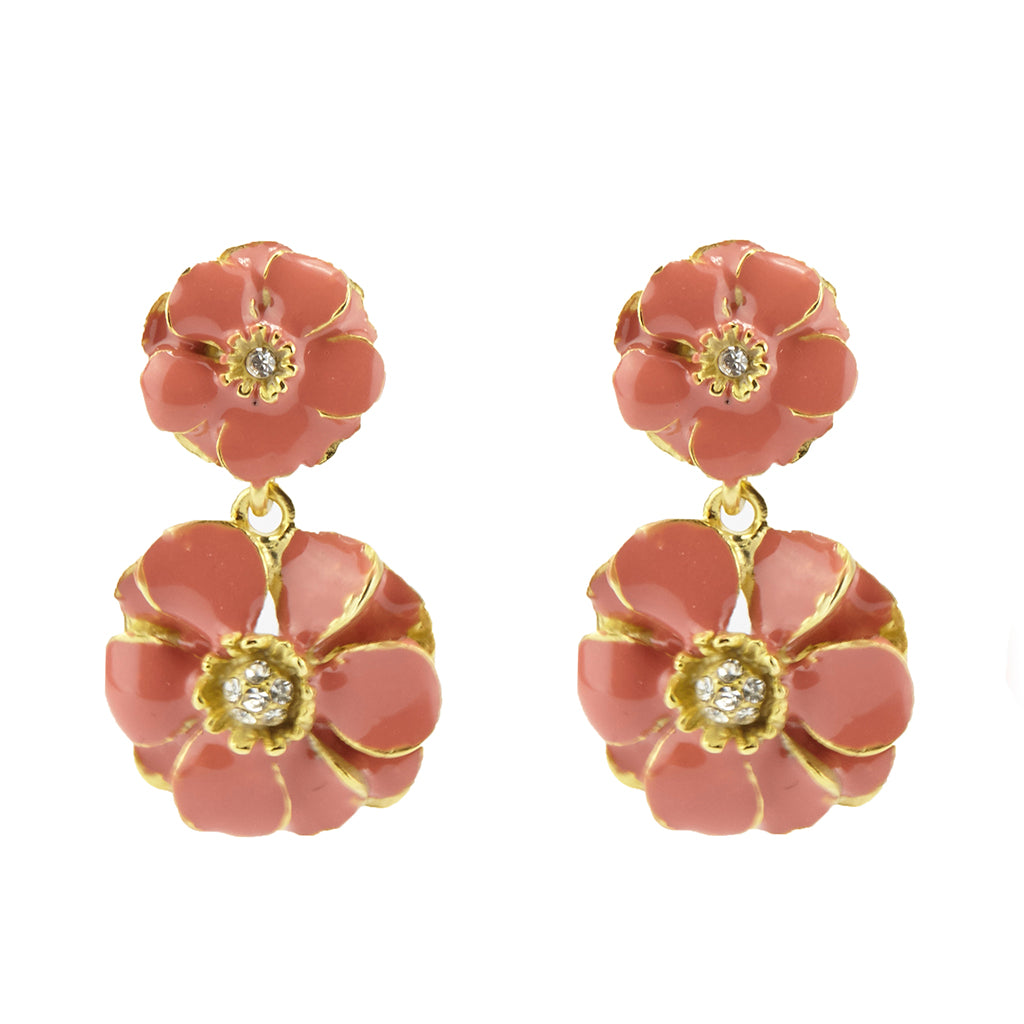 Goldtone Dark Pink Les Roses Double Drop Earrings