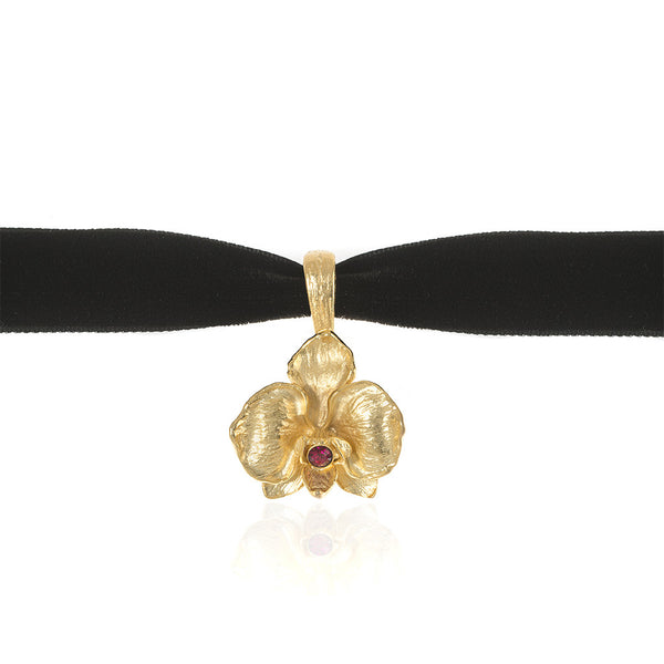 Orchid Velvet Choker With Goldtone Pendant and Ruby Crystal