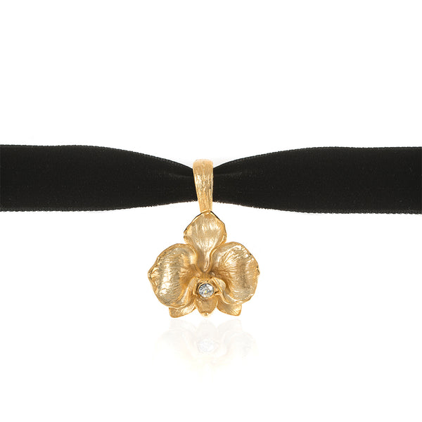 Orchid Velvet Choker With Goldtone Pendant and Austrian Crystal