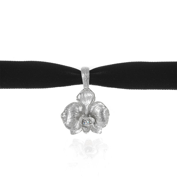 Orchid Velvet Choker With Silvertone Pendant and Clear Crystal