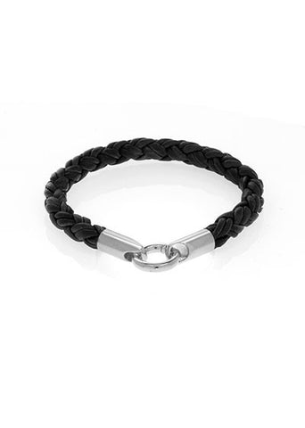 Black Leather Bracelet with Silvertone Stainless Steel Closure