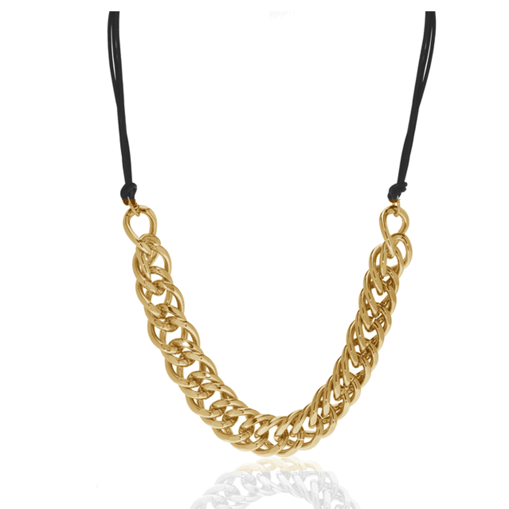 Gold Tone Curb Link And Leather Necklace