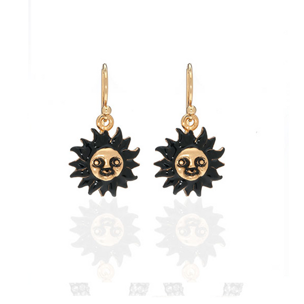 Black Sun Face Earrings on French Wire