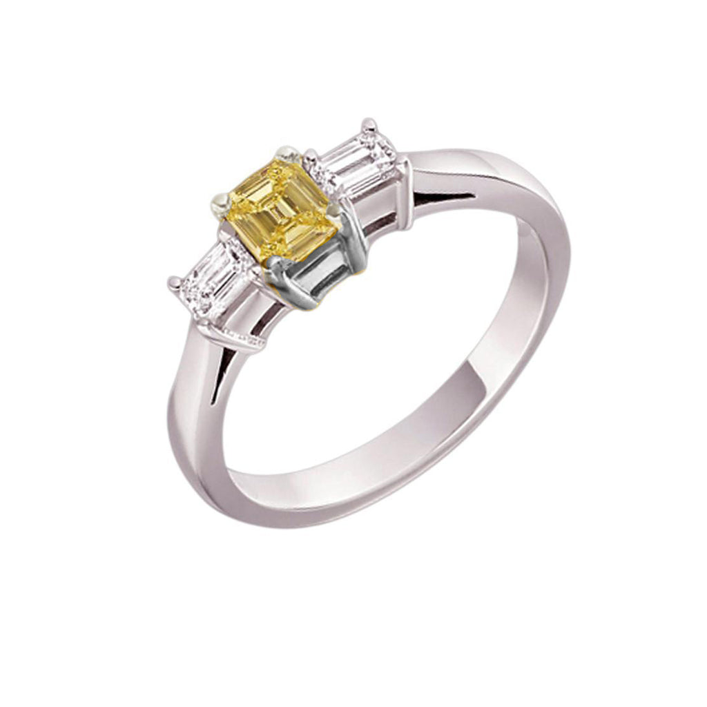 14k White Gold 3 Stone Emerald Cut CZ With Canary Center Stone