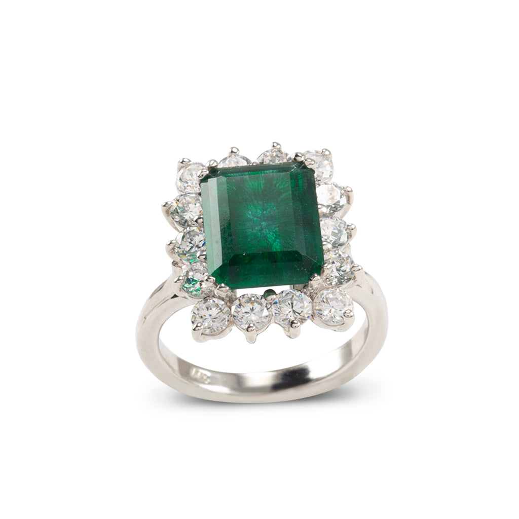 14k White Gold Emerald w/ Clear Round CZ Ring Cut (size 7)