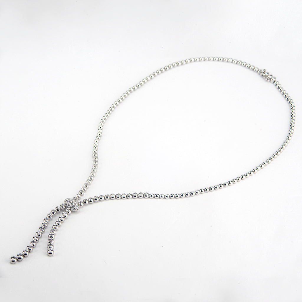 14K White Gold Barrel Set Lariat with Pave Ball Necklace