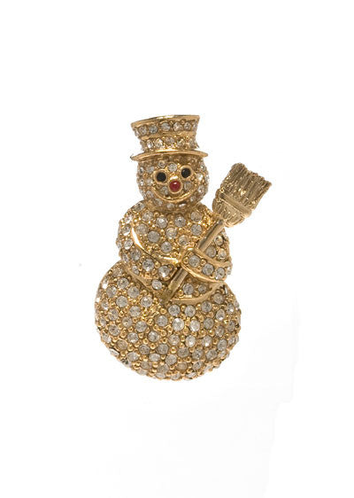 Gold Tone Caviar Crystal Snowman Pin