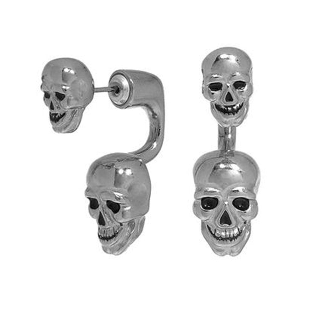 Matte Silvertone Double Skull Earrings