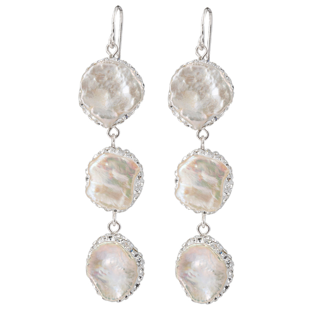 Sterling Silver Baroque Pearl with Pave Triple Drop Earrings Euro Wire