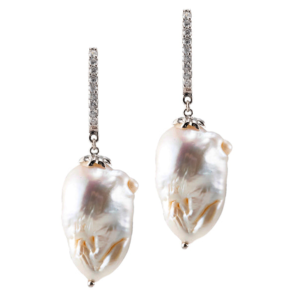 Sterling Silver Baroque Pearl with Cubic Zirconia Drop Earrings