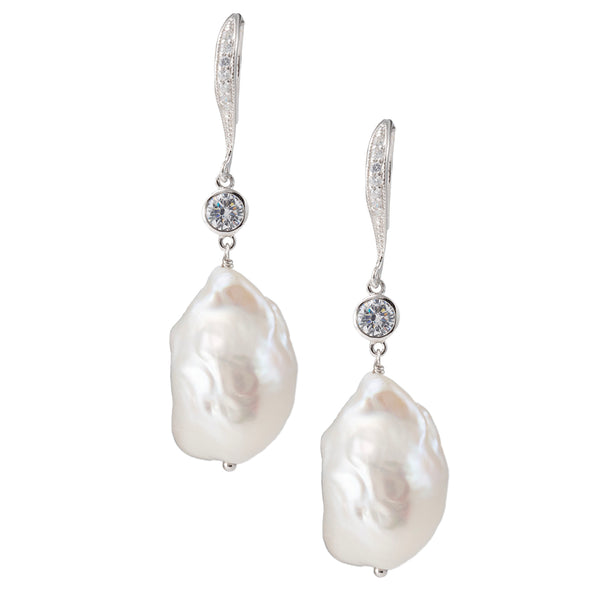 Sterling Silver Baroque Pearl with Crystal  Drop Earrings